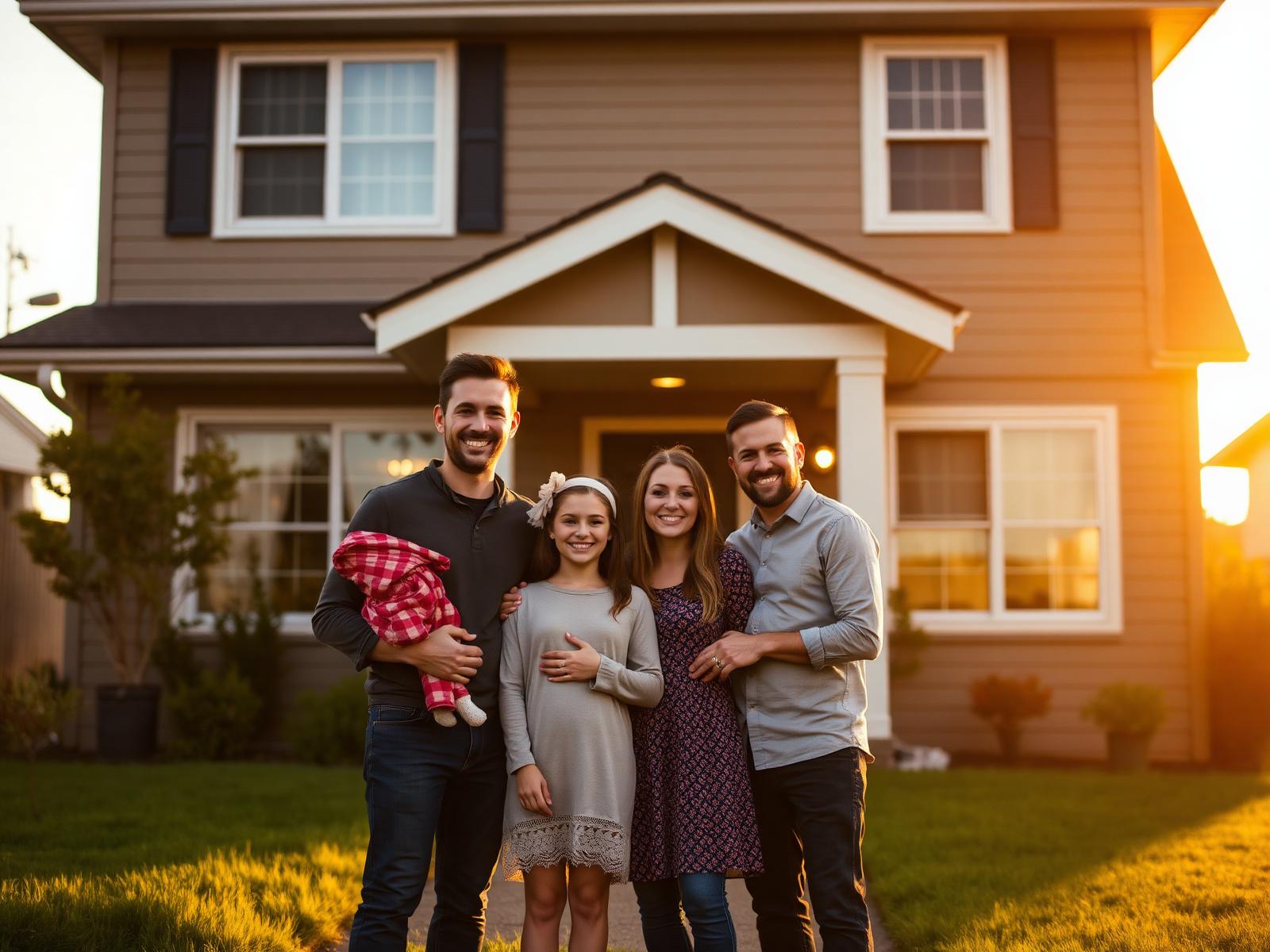 A happy family standing in front of their protected home